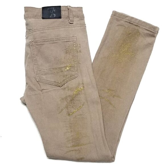SEVEN Souls Tan Gold Painted Distressed Moto Jeans - Picture 2 of 11